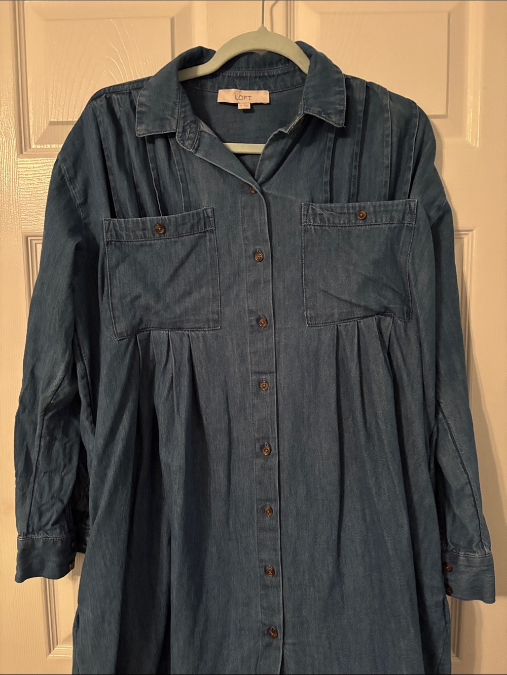 LOFT Washed Denim Button-Up Tunic Dress - Blue - Picture 2 of 6
